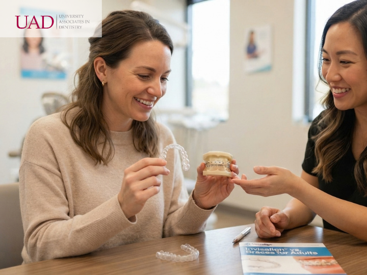 Adult professional holding a clear aligner tray, the everyday side of Invisalign® vs. braces for adults, Invisalign® vs. Braces for Adults, University Associates in Dentistry