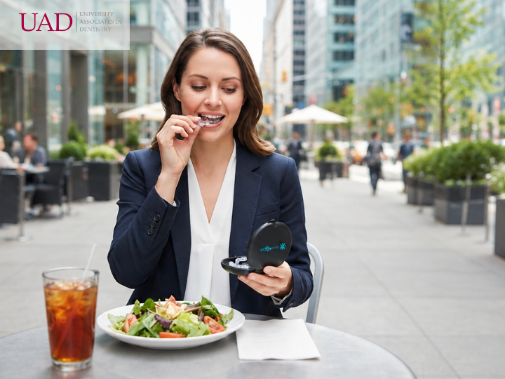 Professional removing a clear aligner before lunch downtown, one of the daily reasons behind Invisalign® vs. braces for adults, Invisalign® vs. Braces for Adults, University Associates in Dentistry